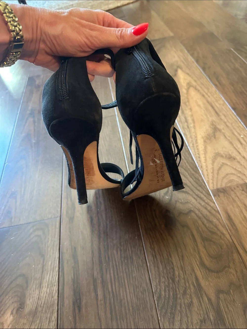 Saks Fifth Avenue Black Suede Tassel Ankle-Strap Heels